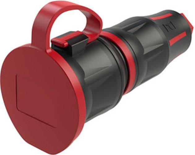 Eine schwarze und rote Taschenlampe mit rotem Griff und roter Linsenabdeckung, auf weißem Hintergrund platziert, die ein kompaktes und robustes Design zeigt.