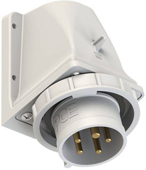 Eine industrielle, wandmontierte elektrische Steckdose mit drei runden Stiften, konzipiert für Hochleistungsanschlüsse. Das Gehäuse ist cremefarben und robust gebaut.