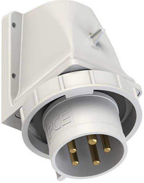 Eine Nahaufnahme eines weißen elektrischen Steckverbinders mit goldenen Kontakten, beschriftet mit 'PCE'.