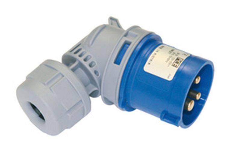 Ein blauer und grauer industrieller Elektrostecker, der mehrere Stifte und einen Verriegelungsmechanismus zeigt.