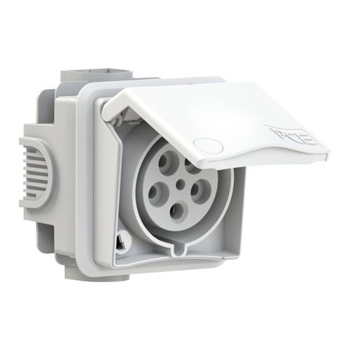 Stecker für Elektrofahrzeuge mit offener Schutzkappe, für die Wandmontage konzipiert.