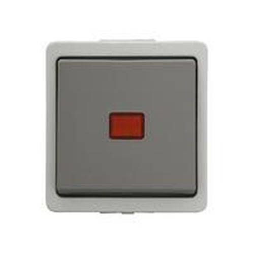 Ein quadratischer, grauer Wandschalter mit einem kleinen roten Indikatorlicht in der Mitte.