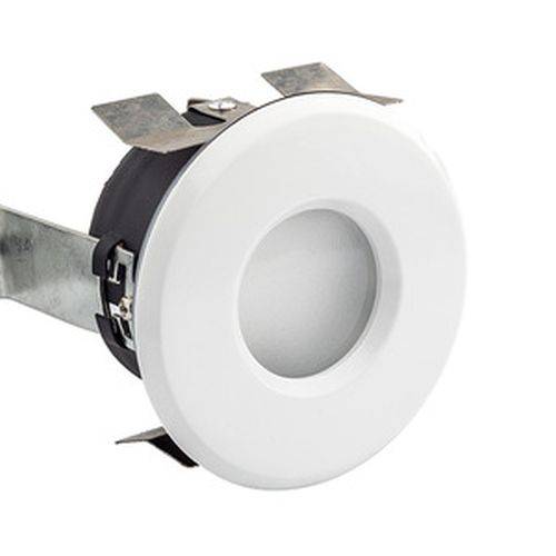 LED-Einbauleuchte mit rundem weißem Rahmen und Metallhalterungen, geeignet für die Deckeninstallation in Innenräumen.