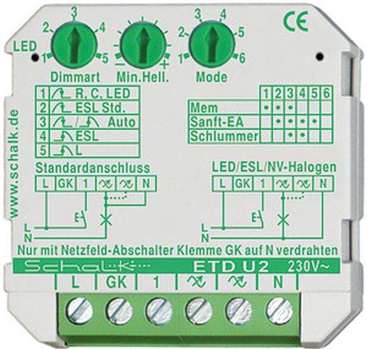 Schalk ETD U2' Gerät mit Anschlussdiagramm und Einstellungen zum Dimmen von LEDs und ESLs mit beschrifteten Anschlüssen und Einstellungsrädern.