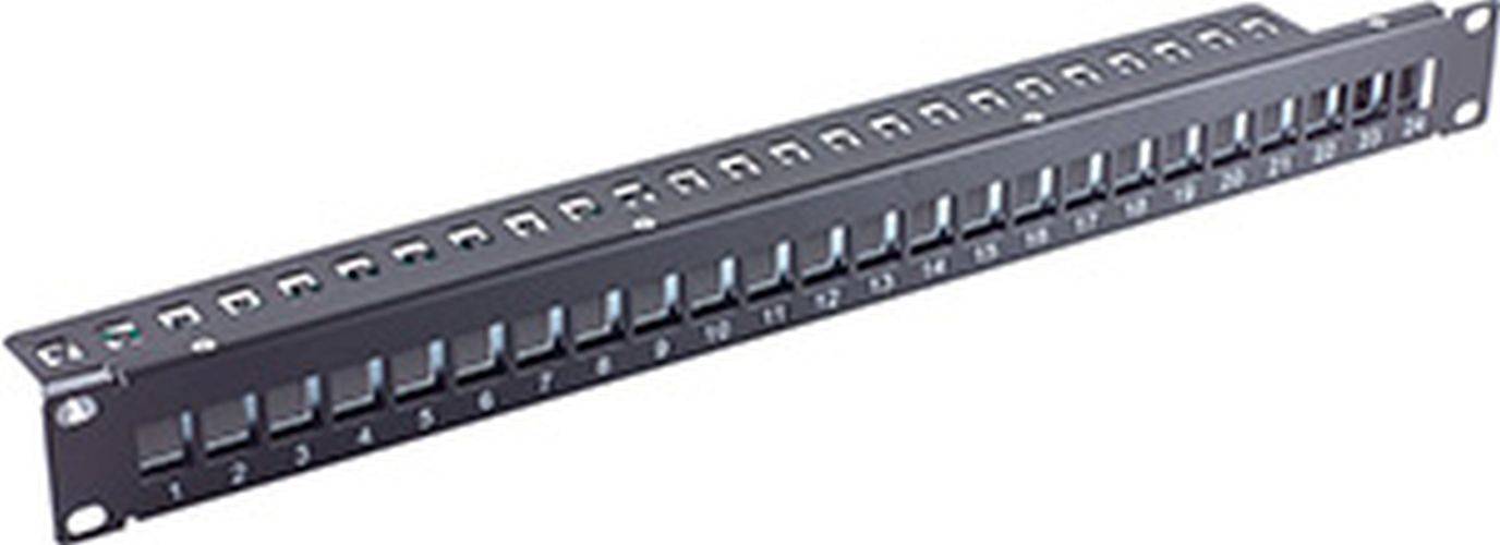 Eine Nahaufnahme eines schwarzen Patchpanels mit nummerierten Ethernet-Ports von 1 bis 24.