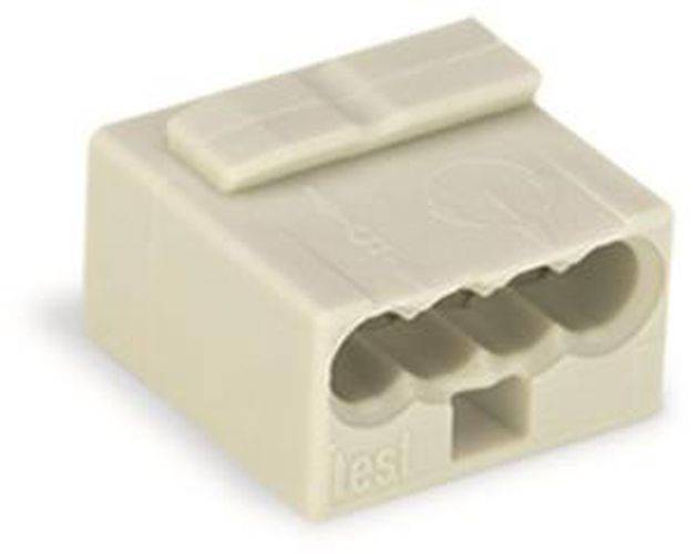 Ein beiger, rechteckiger Drei-Port-Elektrokabelverbinder, der verwendet wird, um elektrische Kabel sicher miteinander zu verbinden.