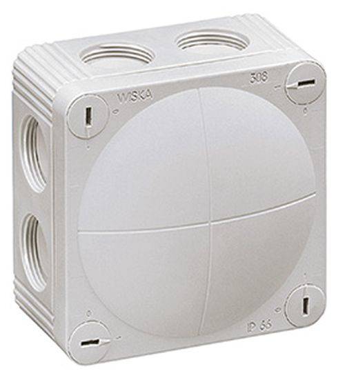 Eine weiße elektrische Verteilerdose mit mehreren kreisförmigen Öffnungen auf der Ober- und Seitenfläche, mit der Beschriftung 'IP 65' für den Außeneinsatz.