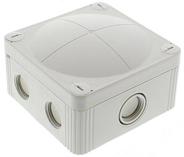 Eine graue elektrische Verteilerdose mit mehreren kreisförmigen Kabeleintrittsöffnungen und einem gesicherten Deckel, die zur Unterbringung elektrischer Verbindungen dient.