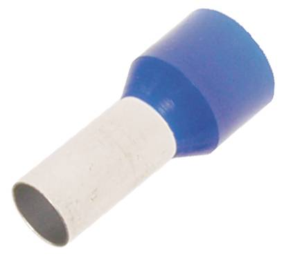 Kleiner blau-weißer Kunststoff-Zylinderstecker oder Düse, in einem Winkel auf schwarzem Hintergrund gezeigt.