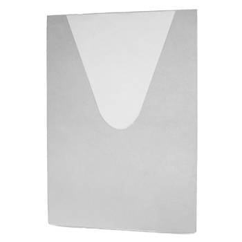Ein einfacher weißer Papiertaschenmappenordner mit einem großen, zentrierten V-förmigen Ausschnitt auf der Vorderseite.