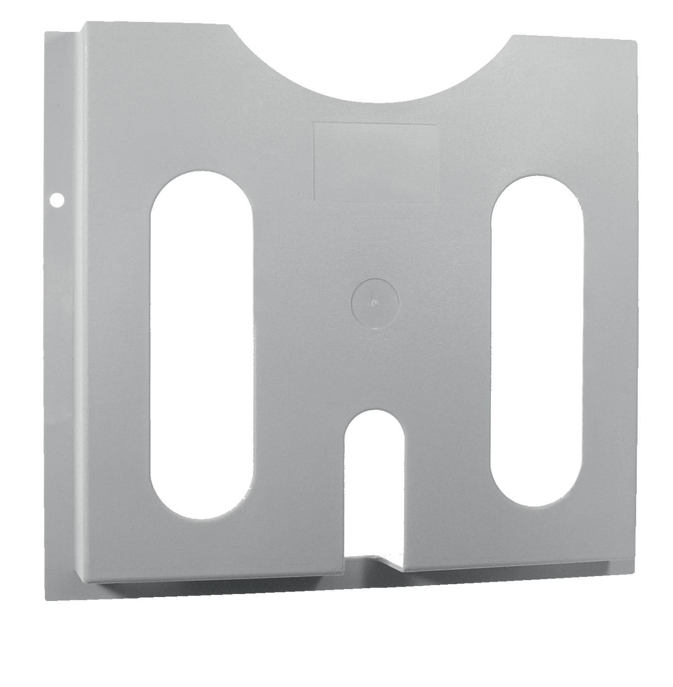 Graues Metallwandhalter oder Montageplatten mit zwei vertikalen Schlitzen, einer oberen halbkreisförmigen Ausschnitt und einem kleinen Loch am linken Rand.