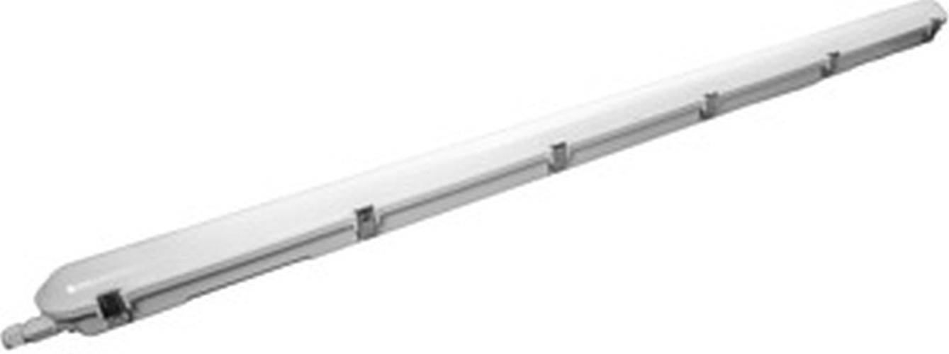Eine lange, weiße LED-Röhrenleuchte mit drei Befestigungsklemmen zur Installation.