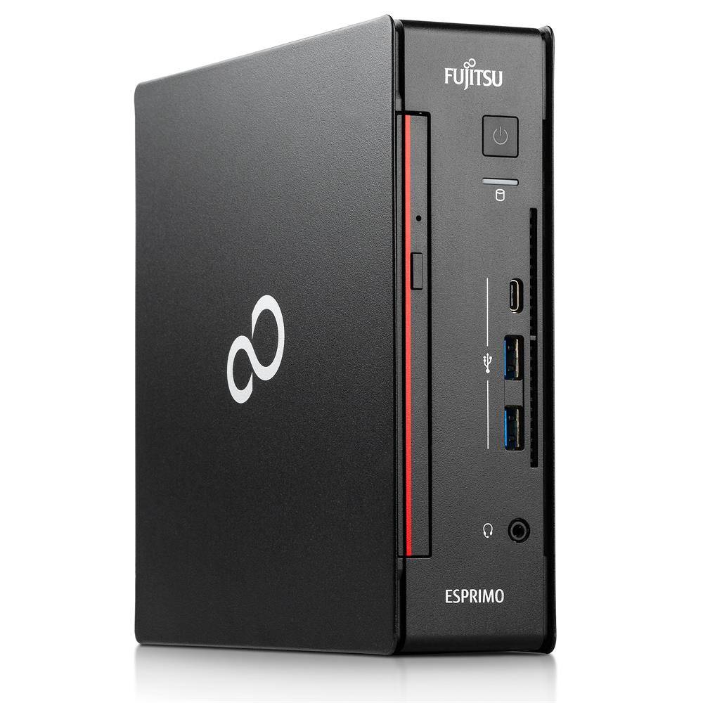 Ein kompakter Fujitsu ESPRIMO Desktop-Computer mit mehreren USB-Anschlüssen und einem eleganten schwarzen Design mit einem Logo an der Seite.