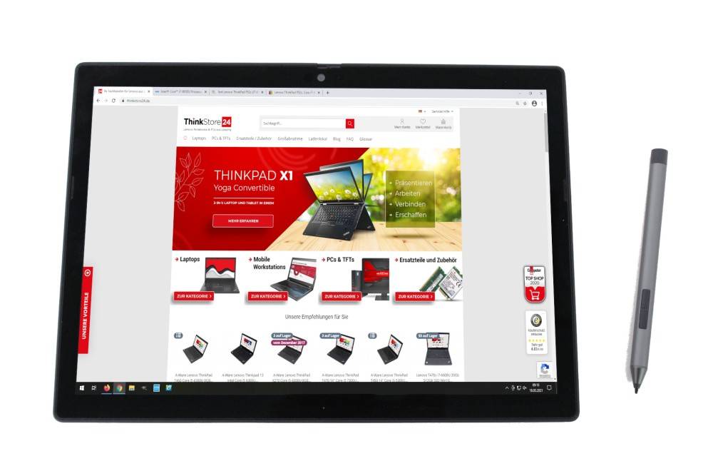 Website mit einer Laptop-Anzeige mit dem Titel 'THINKPAD X1 Yoga Convertible' und Navigationsoptionen für Laptops, Workstations und Zubehör.