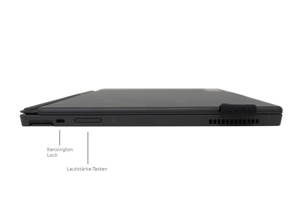 Seitenansicht eines Tablets, das den Kensington-Anschluss und die Lautstärkeregler mit Beschriftungen in deutscher Sprache zeigt.