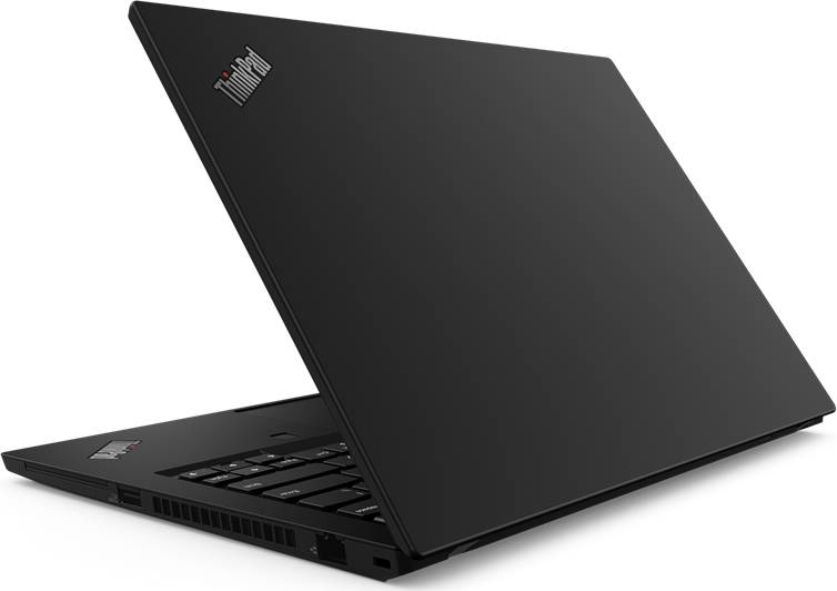 Ein schwarzer Laptop ist teilweise geöffnet und zeigt seine Tastatur sowie das 'ThinkPad' Logo auf dem Deckel. Das Design ist schlank und modern.