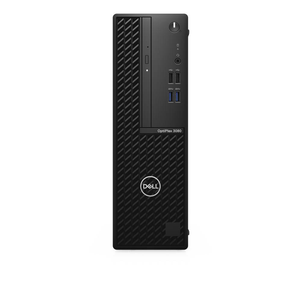 Vorderansicht eines Dell OptiPlex 3080 Desktop-Computers mit USB-Anschlüssen, einer Kopfhörerbuchse und dem Netzschalter auf der Frontplatte.