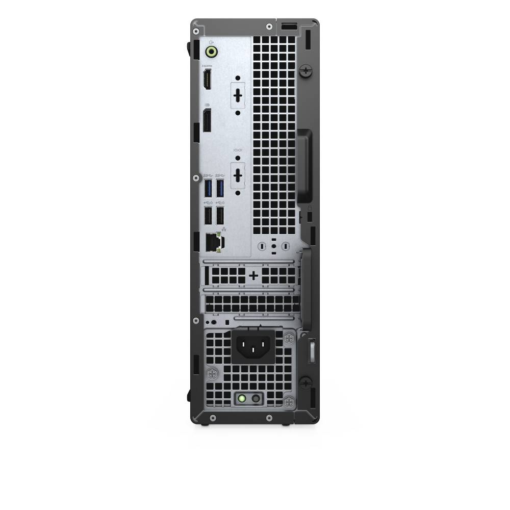 Das Bild zeigt die Rückseite eines Desktop-Computer-Towers mit verschiedenen Anschlüssen, darunter USB, HDMI, Ethernet und Stromverbinder.
