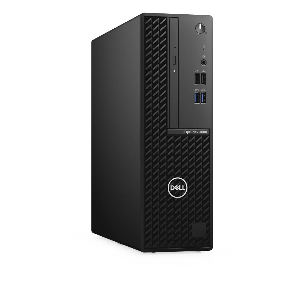 Ein schwarzer Dell OptiPlex 3080 Desktop-Tower mit USB-Anschlüssen an der Vorderseite und Einschaltknopf, vor einem weißen Hintergrund platziert.