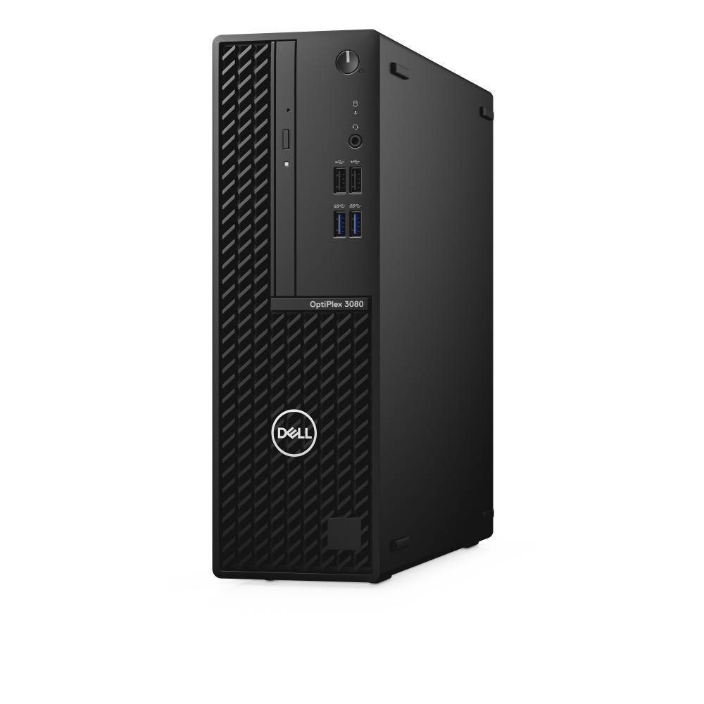 Ein schwarzer Dell OptiPlex 3000 Desktop-Tower mit einem vertikalen, strukturierten Frontpaneel und sichtbaren USB-Anschlüssen, entwickelt für geschäftliche Nutzung.