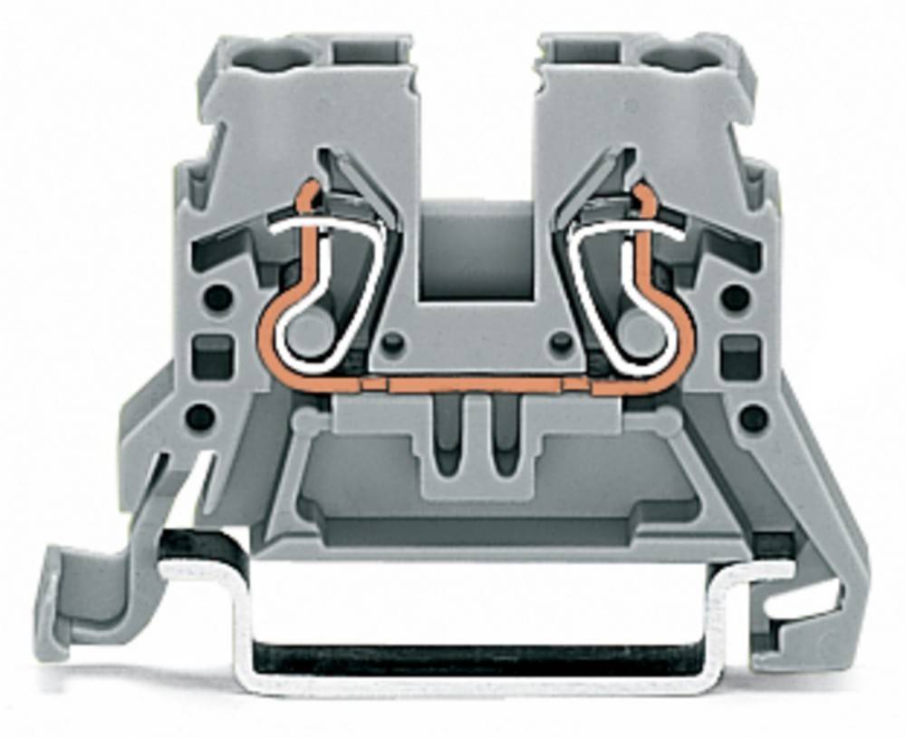 Ein grauer industrieller Klemmblock mit zwei orangefarbenen Metallsteckern im Inneren, verwendet für elektrische Verkabelung, vor einem einfarbigen Hintergrund.