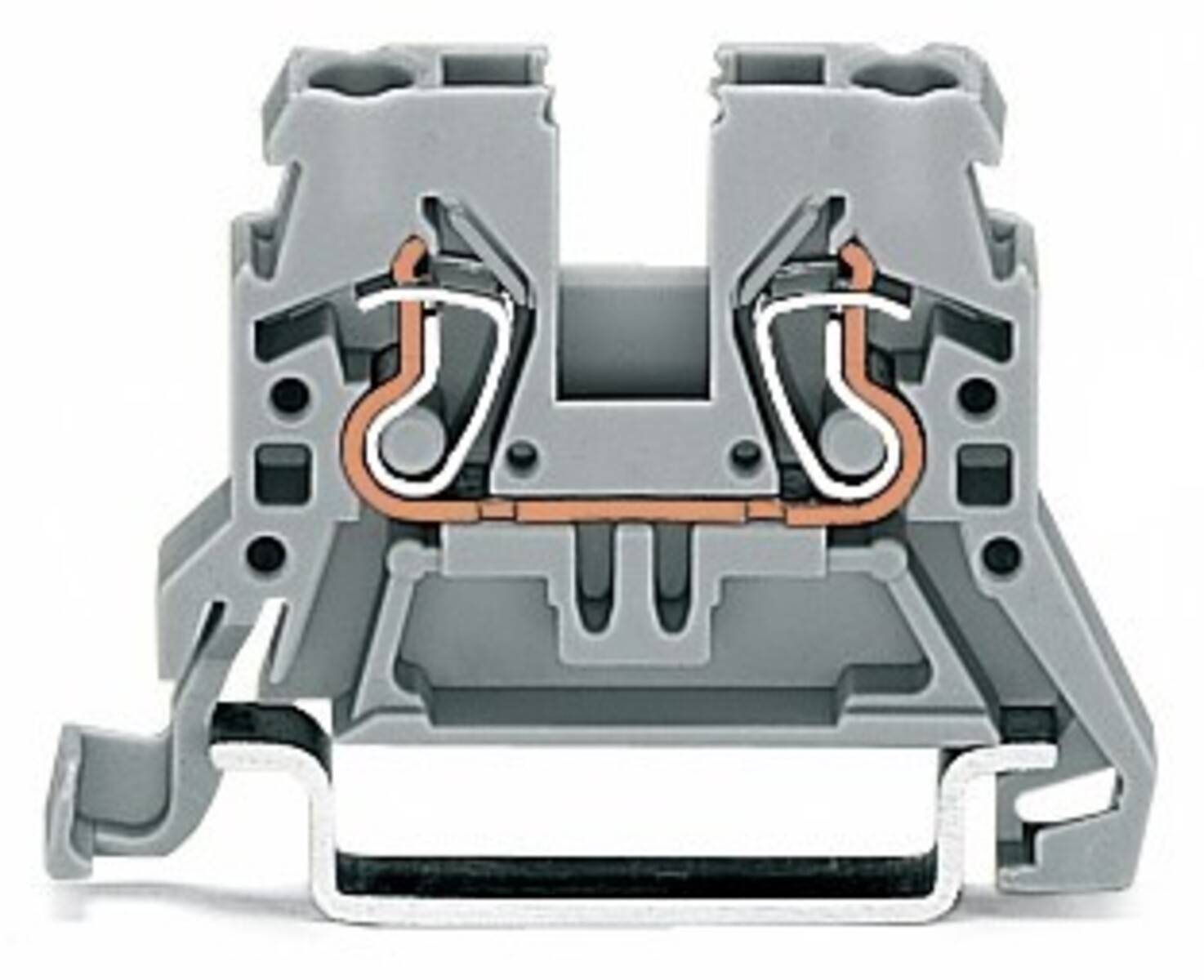 Ein grauer industrieller Endverbinder mit klemmenähnlichen Anschlüssen, entwickelt für sichere elektrische Drahtverbindungen, montiert auf einer Metallschiene.