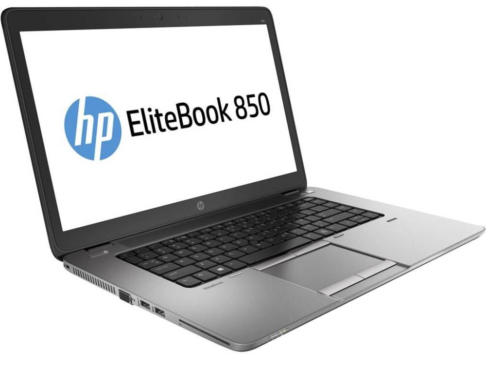 Laptop mit geöffnetem Bildschirm, auf dem das HP EliteBook 850 Logo angezeigt wird und Marke sowie Modell hervorhebt.