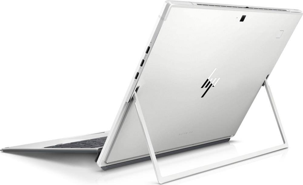 Ein eleganter, silberner Laptop im Tablet-Modus mit Ständer, das Logo auf der Rückseite zeigend, wobei seine Vielseitigkeit und sein Design hervorgehoben werden.