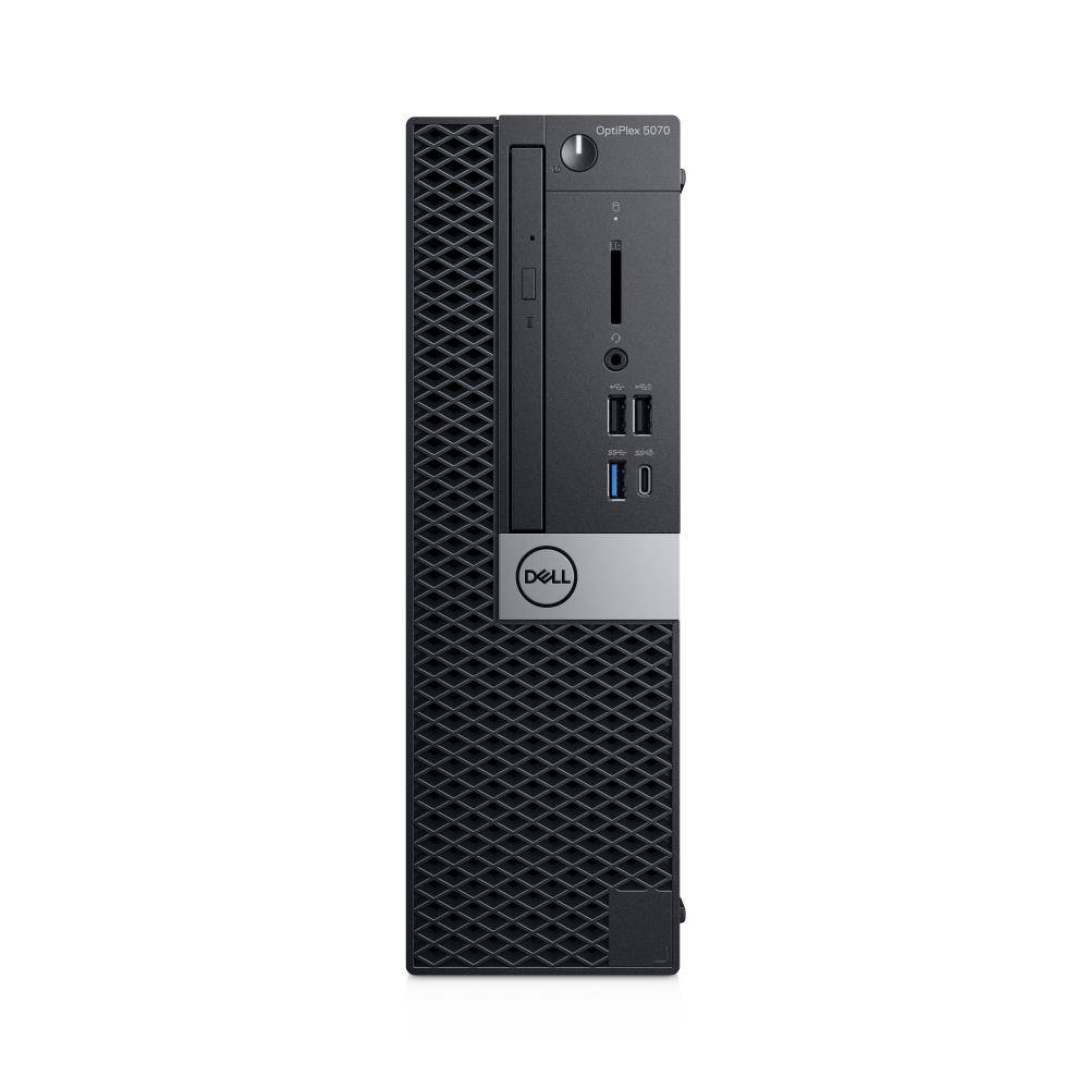 Dell OptiPlex 5070 Desktop-Tower mit vorderen USB-Anschlüssen, Einschaltknopf und Lüftungsgitter.