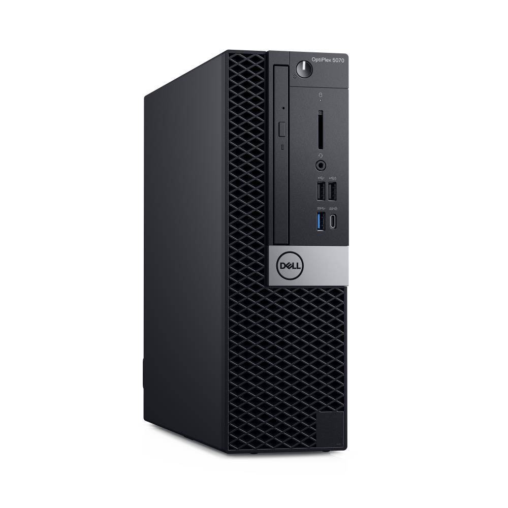 Dell OptiPlex 5070 Desktop-Computer mit kompaktem, schwarzem Tower-Design und mehreren frontseitigen Anschlüssen für Konnektivität.
