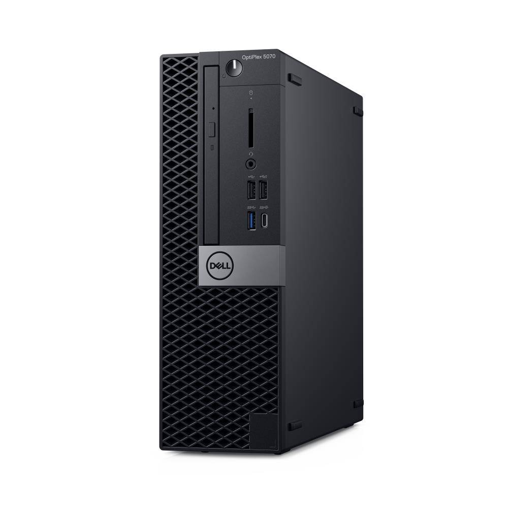 Dell Optiplex 5070 schwarzer Desktop-Computer; Frontbereich enthält CD-Laufwerk, USB-Anschlüsse, SD-Kartenslot und Einschaltknopf.