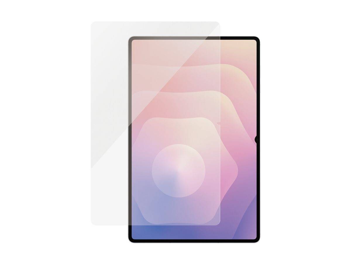 Ein transparenter Displayschutz wird über ein Tablet mit einem bunten abstrakten Hintergrund gelegt, wobei er passt, ohne die Kamera zu verdecken.