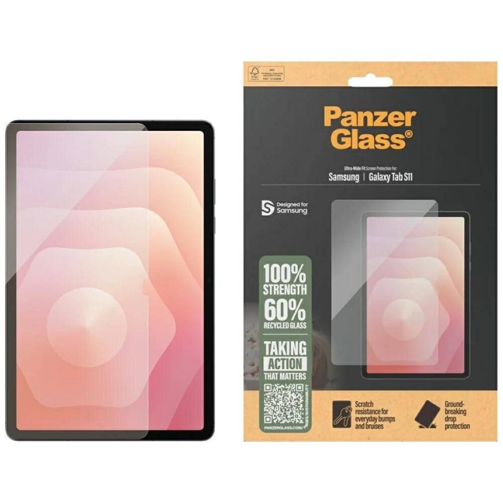 Displayschutzfolie-Verpackung für Samsung Galaxy Tab S11. Highlights sind 100% Festigkeit, 60% recyceltes Glas und Kratzfestigkeit.