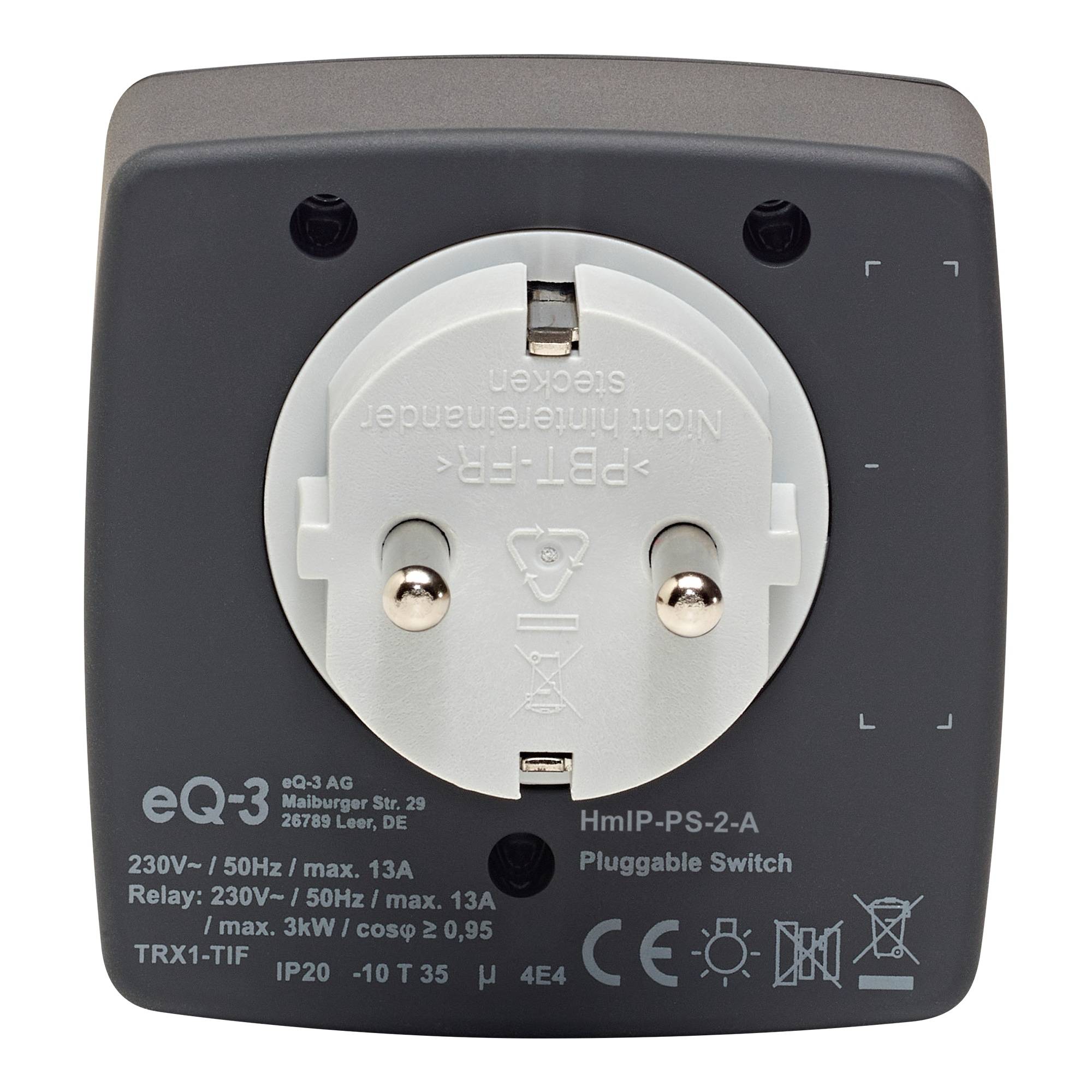 Deutsches Stromstecker-Einsatzloch an einem intelligenten Steckdosengerät, gekennzeichnet mit HmIP-PS-2, mit Spezifikationen einschließlich 230V und 50Hz.