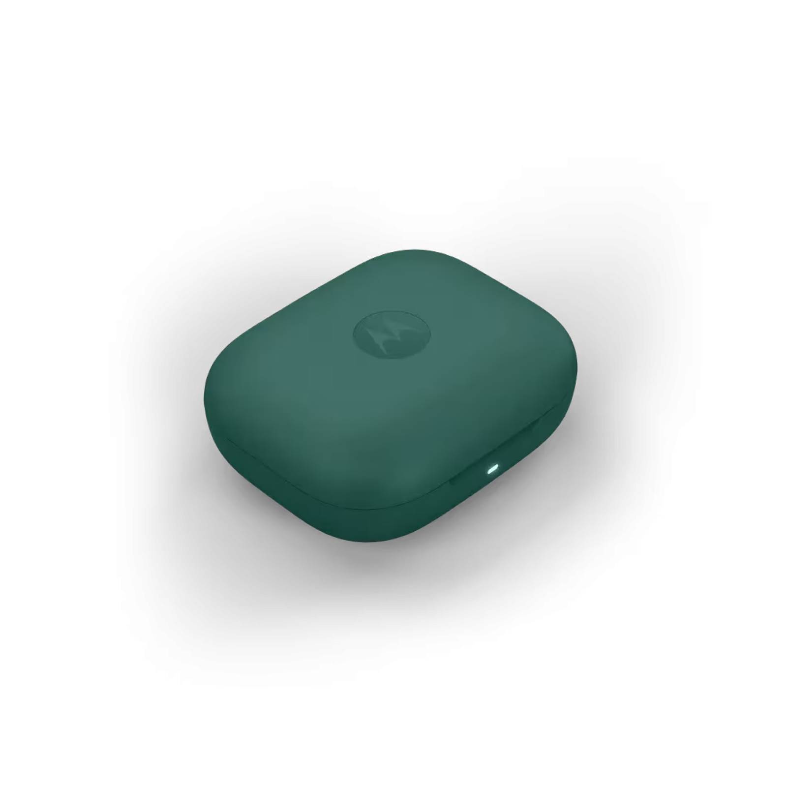 Teal Motorola kabellose Ohrhörer Ladeetui auf schwarzem Hintergrund, aus schräger Perspektive betrachtet.