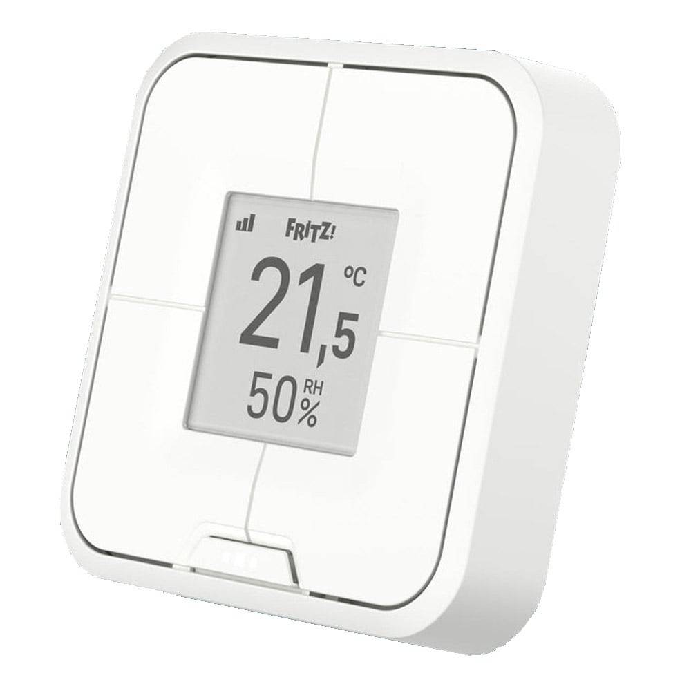 Ein weißes digitales Thermostat mit Anzeige von '21,5°C' Temperatur und '50% RH' Luftfeuchtigkeit.