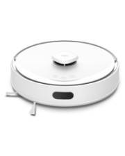 Ein weißer Roboterstaubsauger mit abgerundeter Form und Seitenbürsten, von oben betrachtet, auf einfachem Hintergrund.