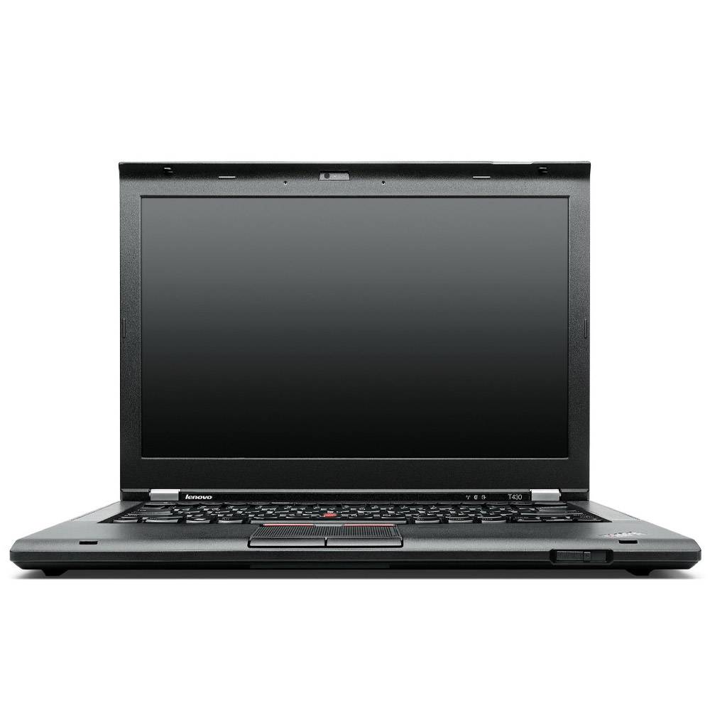 Ein schwarzer Lenovo-Laptop mit einem leeren Bildschirm, mit einem roten Trackpoint und einem Touchpad, direkt dem Betrachter zugewandt.