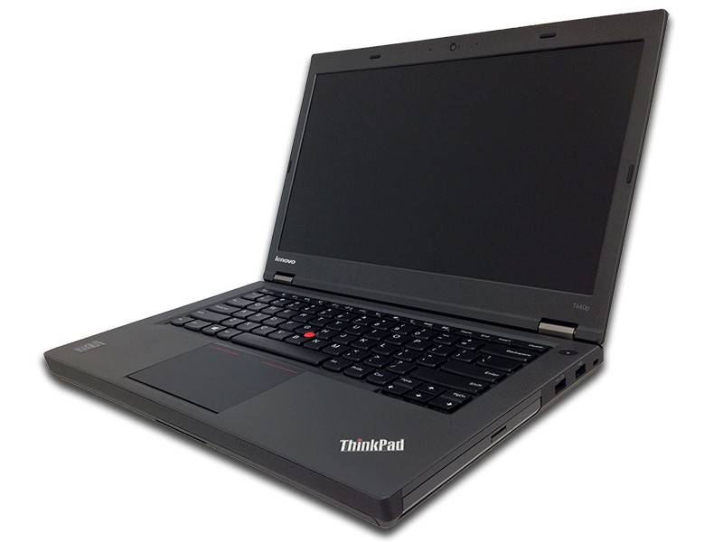 Ein grauer Laptop mit sichtbarem 'ThinkPad' Logo in der unteren rechten Ecke. Der Bildschirm ist dunkel, und die Tastatur ist mit einem roten Trackpoint zu sehen.