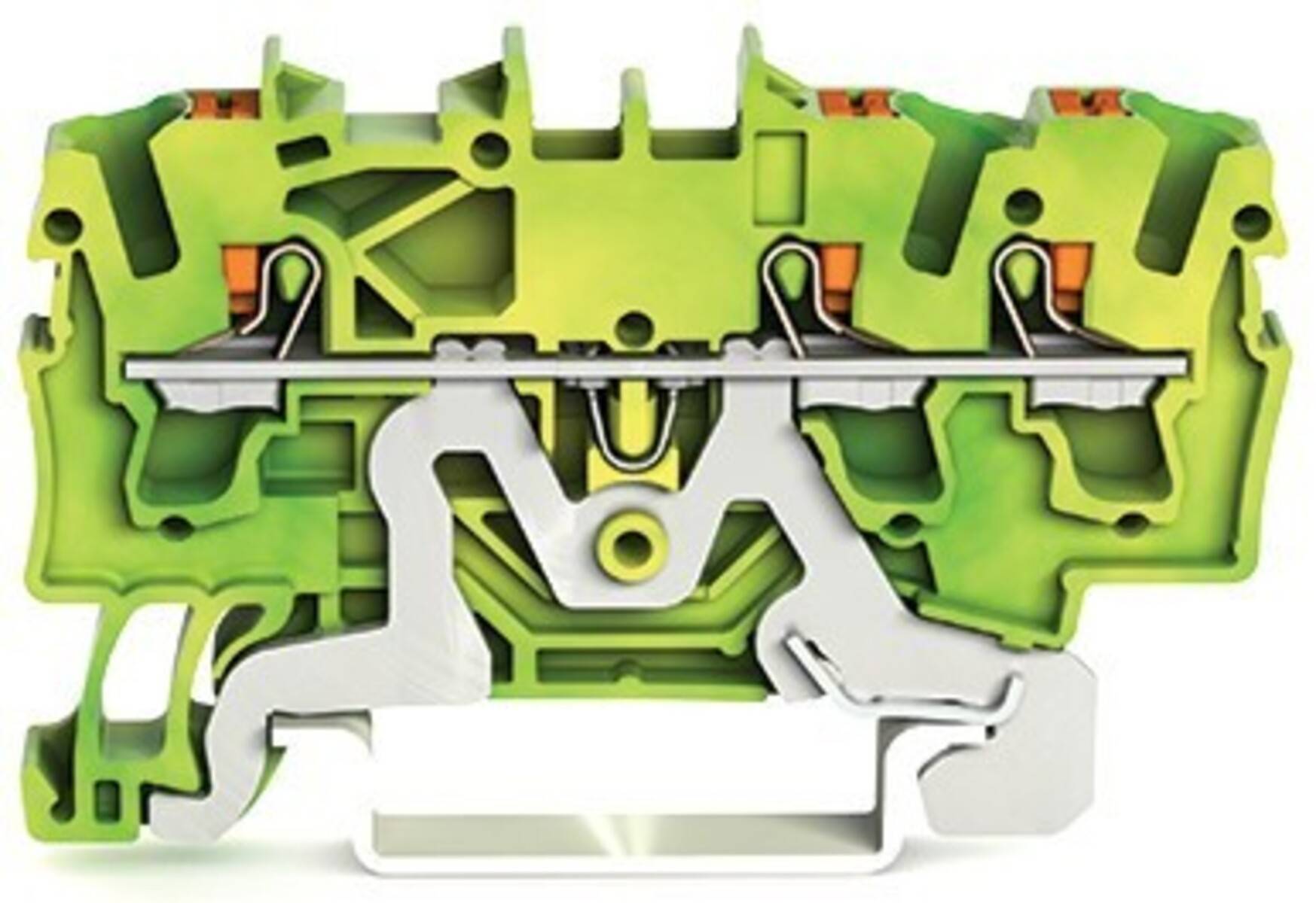 Querschnitt eines grünen Leitungsschutzschalters, der die inneren Komponenten und Mechanismen zeigt.