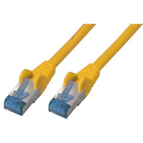 Ein gelbes Ethernet-Kabel mit blauen Steckern an beiden Enden.