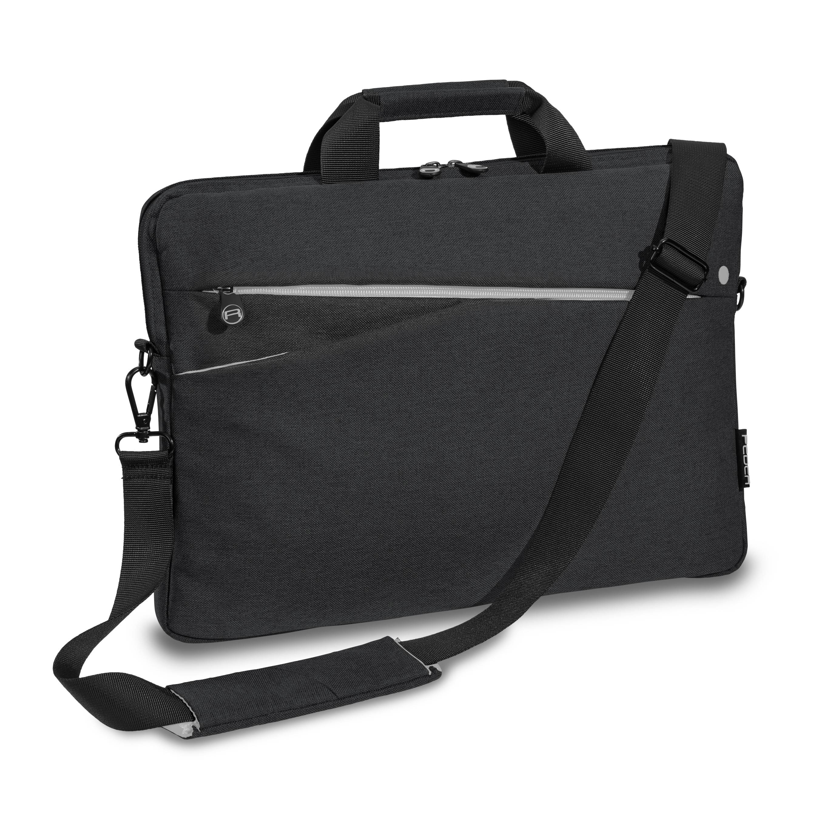 Eine schwarze Laptoptasche mit Schultergurt und einer Reißverschlusstasche vorne.