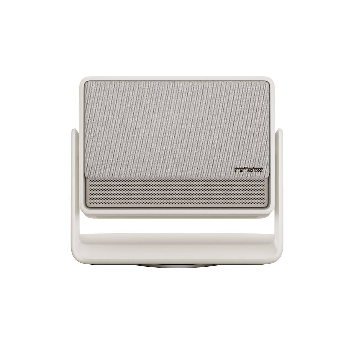 Ein eleganter weißer Harman Kardon intelligenter Lautsprecher mit Stofffront und Meshgitter, entwickelt für modernes Heim-Audio-Streaming und Sprachsteuerung.
