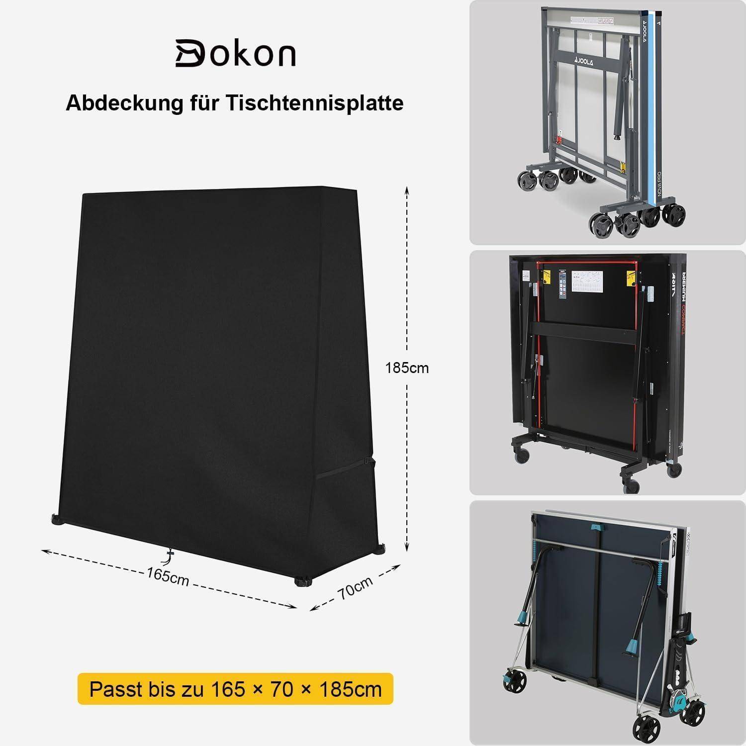 Tischtennisplatten-Abdeckung in schwarz, Abmessungen 165 x 70 x 185 cm. Drei kleinere Bilder zeigen gefaltete Tische mit Rollen. Text: 'Abdeckung für Tischtennisplatte'.