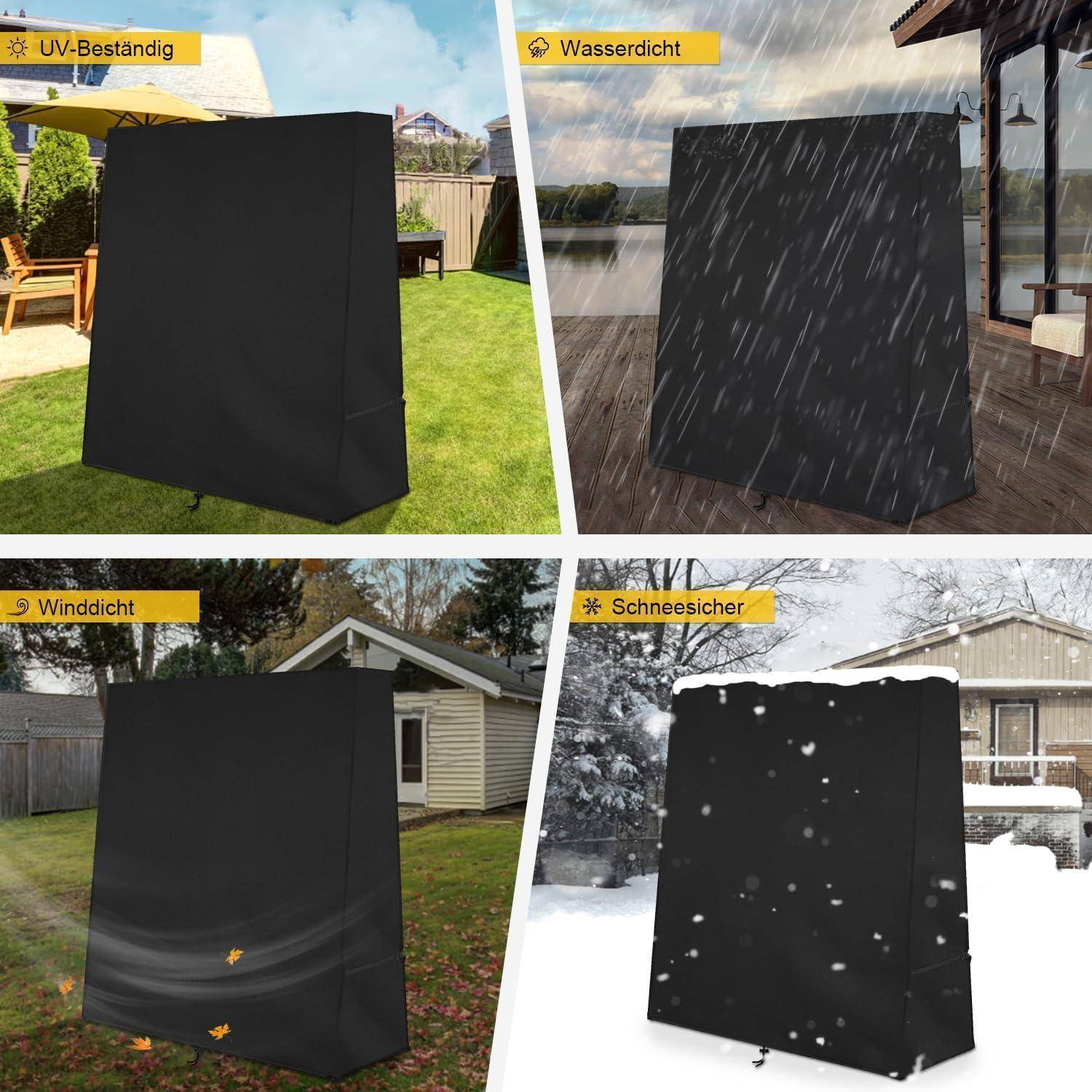 Vier Bilder zeigen eine schwarze Outdoor-Möbelabdeckung mit Beschriftungen: UV-beständig in der Sonne, wasserdicht bei Regen, windbeständig bei Wind, schneefest im Schnee.