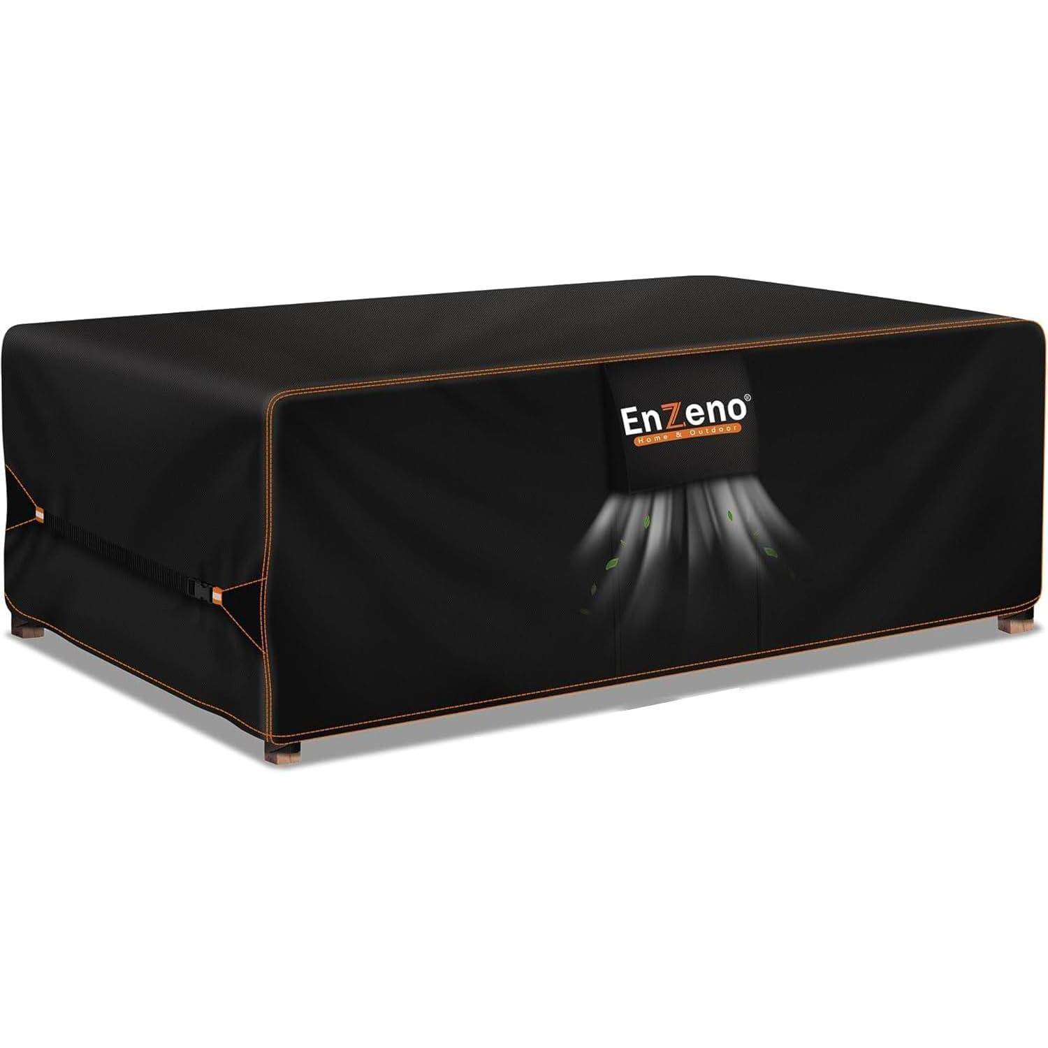 Eine schwarze Enzeno Outdoor-Möbel-Abdeckung mit orangefarbenen Akzenten, entwickelt zum Schutz gegen Witterungseinflüsse. Rechteckige Form mit engem Sitz.