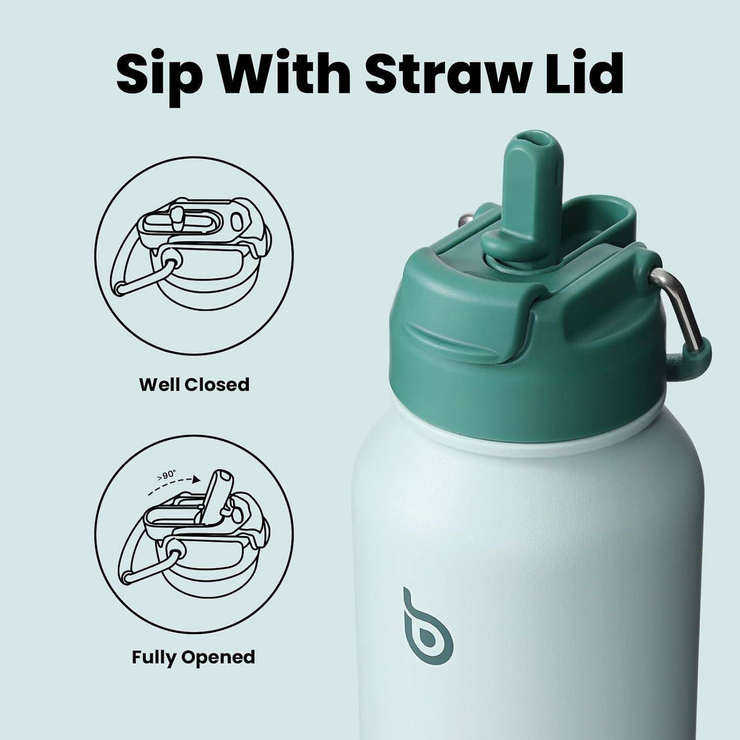 Wasserflasche mit einem grünen Strohhalm-Deckel, beschriftet mit ‚Mit Strohhalm-Deckel trinken'. Zwei Diagramme zeigen den Deckel ‚Gut geschlossen' und ‚Vollständig geöffnet'.