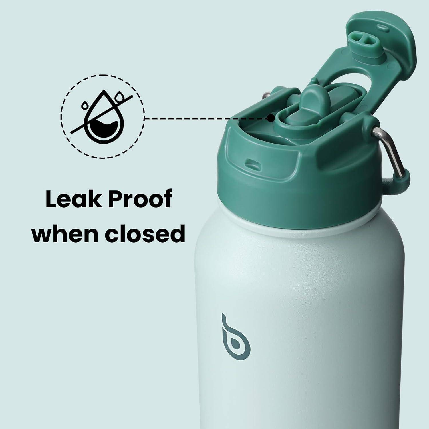 Eine Wasserflasche mit einem grünen Deckel ist mit dem Aufdruck 