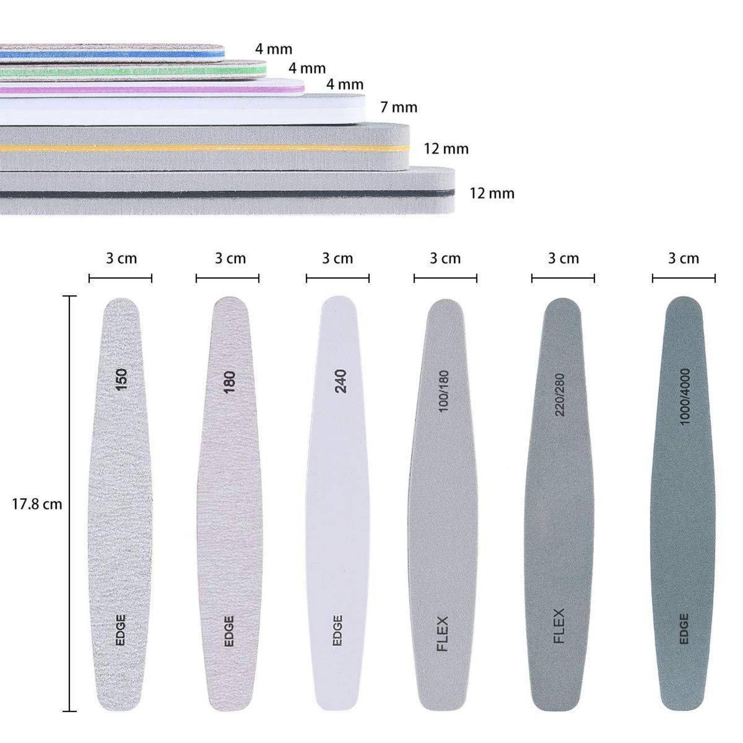 Nagelfeilen in verschiedenen Körnungsgrößen und Dicken, von 4 mm bis 12 mm beschriftet und nach Abmessungen sortiert. Umfasst Körnungsoptionen von 150 bis 1000.