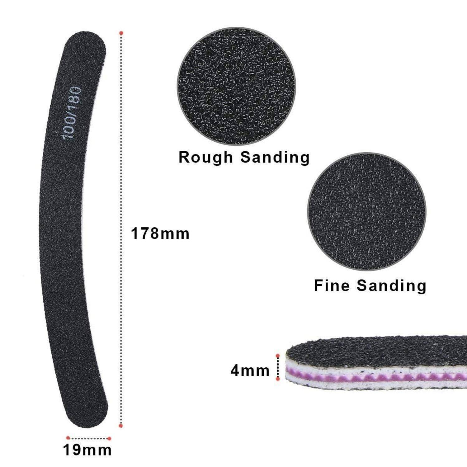 Eine schwarze Nagelfeile mit einer Länge von 178 mm und einer Breite von 19 mm, ausgestattet mit groben und feinen Schleifoberflächen, die jeweils als runde Texturen dargestellt sind.